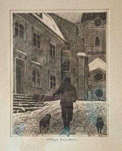 Mikael Kihlman "Ute med hundar" Torrnål 27x34 cm