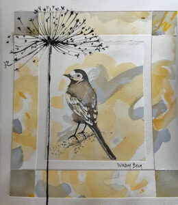 Wally Berg "Första ärlan - vår!" Akvarell 34x33 cm