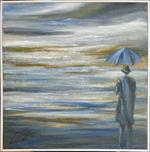 Gun Sandström Eld "Man med paraply" Olja 50x50 cm